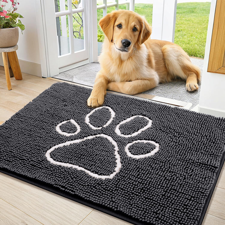 Smiry Dog Door Mat for Muddy Paws, Absorbent Dirt Trapper Non Slip Quick Dry Washable Chenille Mat for Mud Dogs, Entry Rug for Indoor and Outdoor (30x20 Inches, Grey and Black)