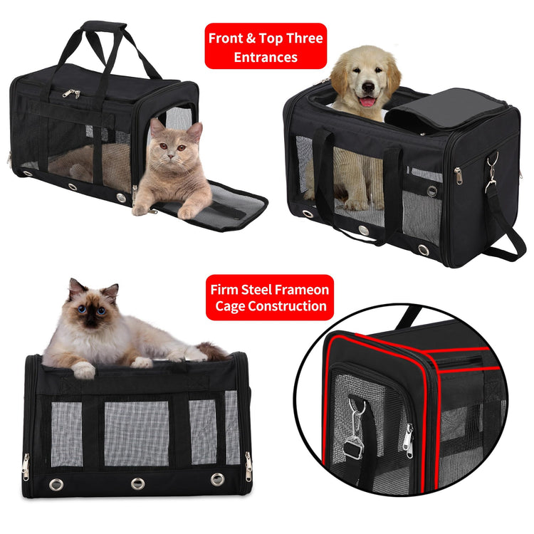 Soft Sided Cat/Dog Carrier,Collapsible Pets Travel Carriers for Pet/Puppy with Shoulder Strap & Removable Mat,Mesh Top Load Small Dogs/Cats Carry Bag Up to 17 Lbs TSA Airline Approved（Black,M）