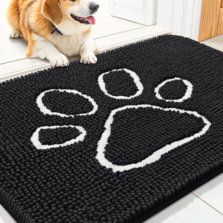 Smiry Dog Door Mat for Muddy Paws, Absorbent Dirt Trapper Non Slip Quick Dry Washable Chenille Mat for Mud Dogs, Entry Rug for Indoor and Outdoor (30x20 Inches, Grey and Black)