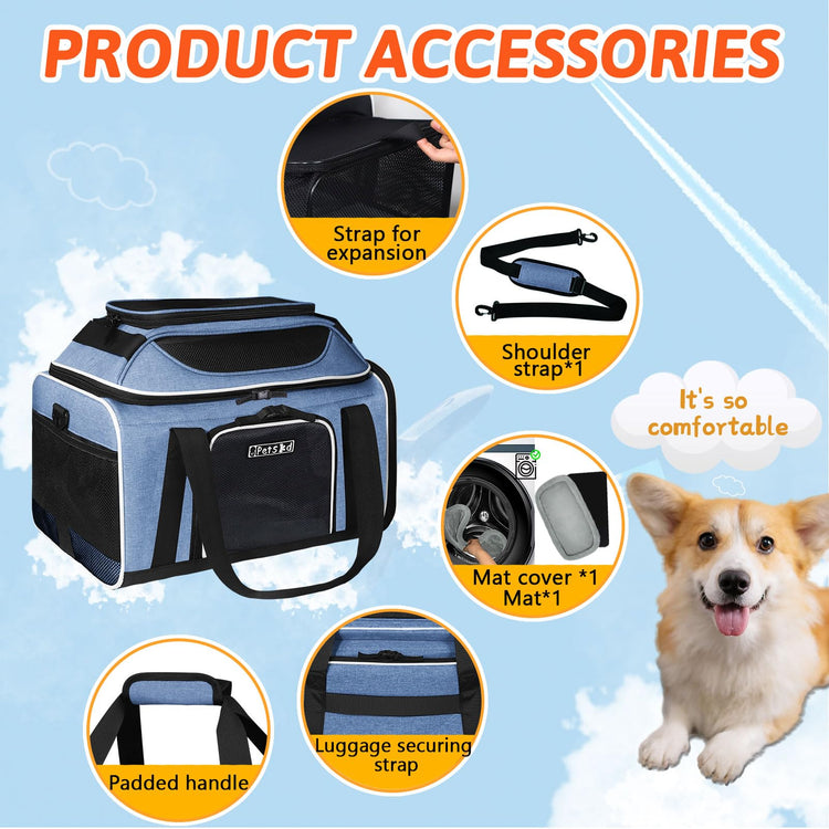 Petskd Top and Side Expandable Pet Carrier 18x11x11 Inches Delta United Airline Approved, Soft-Sided Carrier for Small Cats and Dogs with Locking Safety Zippers and Anti-Scratch Mesh(Black)