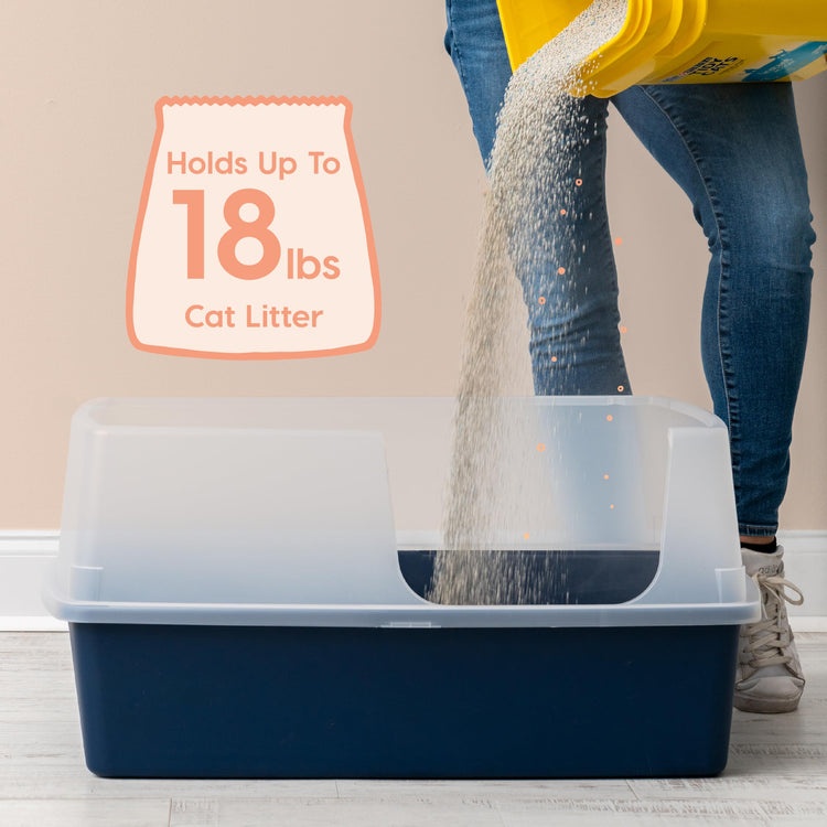 IRIS USA Cat Litter Box XX-Large Open Top with High Sided Walls Tall Scatter Shield Scoop Included Easy Clean Plastic Pan for Big Cats Kittens Multi-Cat Households 30"L x 20"W x 14"H Navy