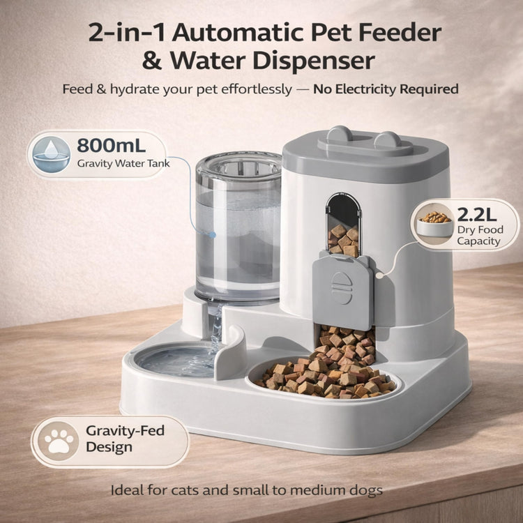 Automatic Dog Cat Feeder – 2-in-1 Cat Food and Water Bowl Set & Dog Food and Water Bowl Set, 800ml + 2.2L Gray