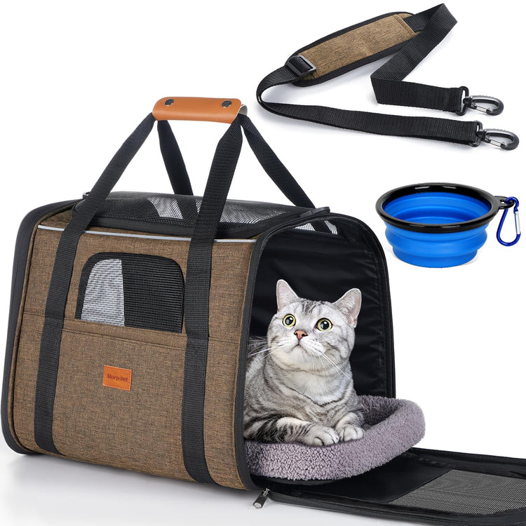 Morpilot Pet Carrier for Large Cats, Puppies & Small Dogs Up to 25lbs, Escape-Proof with Locking Zippers, Dual-Sided Cushion, Safety Buckle for Car & Vet Travel, Includes Foldable Bowl (Dark Gray)