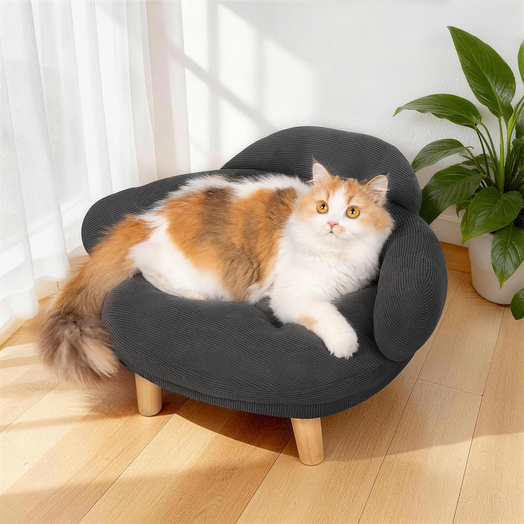 Cat Sofa Furniture-Style Pet Bed with Removable Cotton Velvet Cover, Solid Pine Wood Legs, for Cats and Small Dogs, White