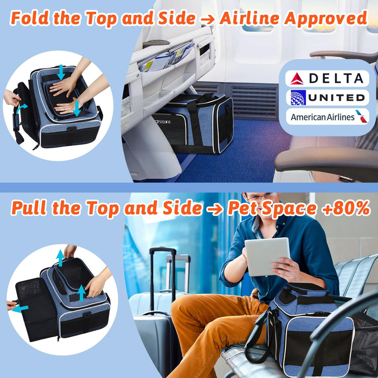 Petskd Top and Side Expandable Pet Carrier 18x11x11 Inches Delta United Airline Approved, Soft-Sided Carrier for Small Cats and Dogs with Locking Safety Zippers and Anti-Scratch Mesh(Black)