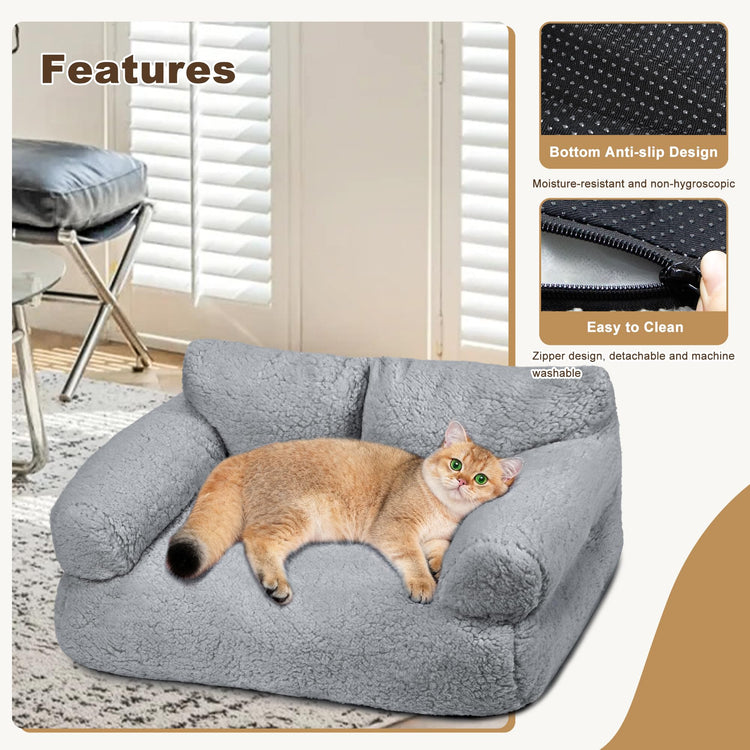 Large Cat Beds for Indoor Cats, Dog Couch Bed, Cute Cat Couch Sofas for Less 20lbs Kitten Puppy, Small Dog Sofas & Chairs with Removable Washable Cover, Soft Warm Pet Furniture, Cream