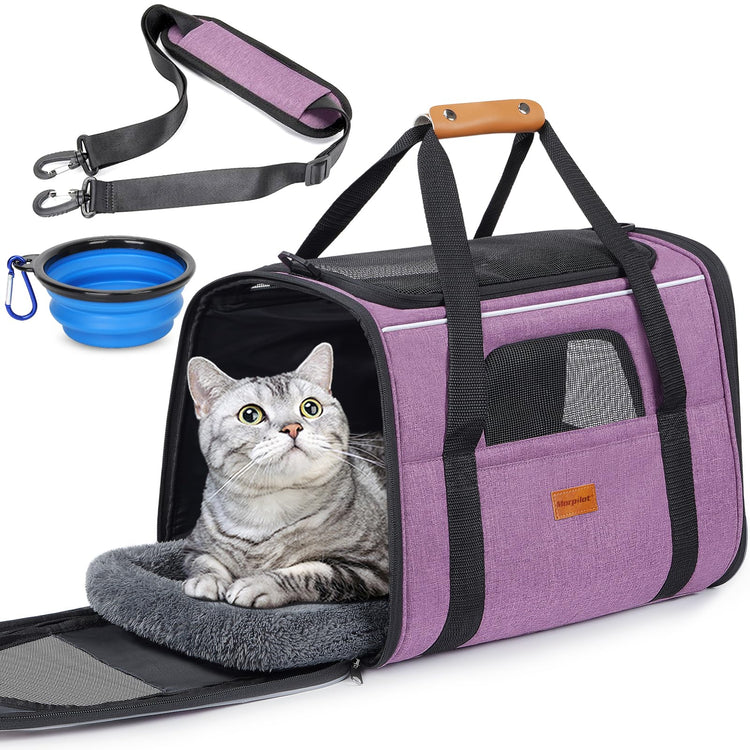 Morpilot Pet Carrier for Large Cats, Puppies & Small Dogs Up to 25lbs, Escape-Proof with Locking Zippers, Dual-Sided Cushion, Safety Buckle for Car & Vet Travel, Includes Foldable Bowl (Dark Gray)