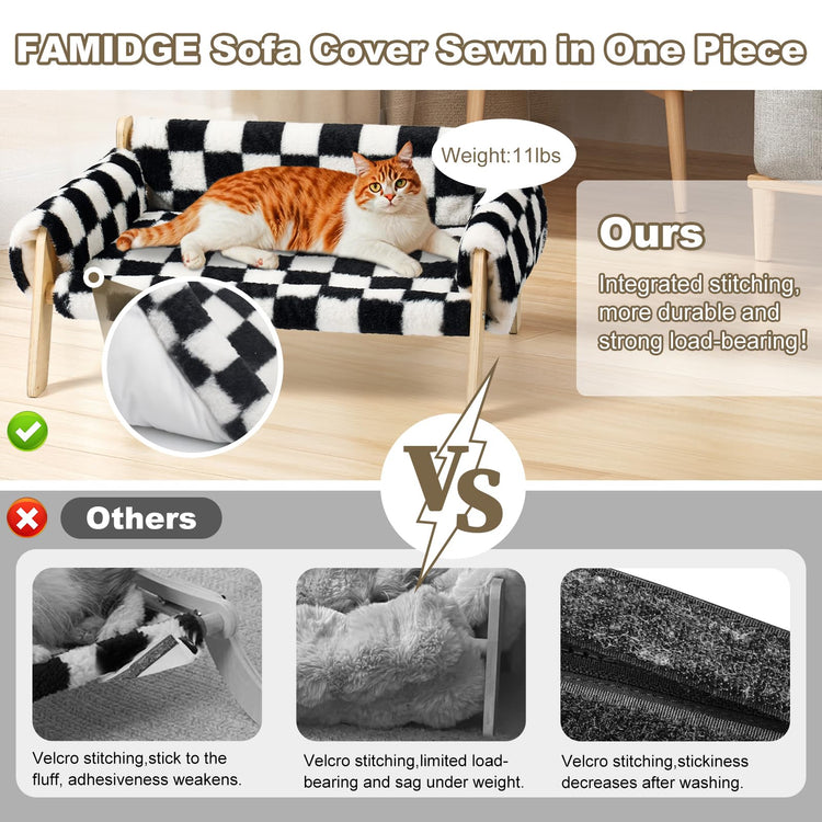FAMIDGE Plush Cat Couch Bed - Cat Bed for Indoor Cats, Dog Sofa Bed, Short Rabbit Fleece Calming Pet Couch with Removable Cover, Anti-Shedding Pet Sofa for Small/Medium Pets (26×18×12in, Brown)