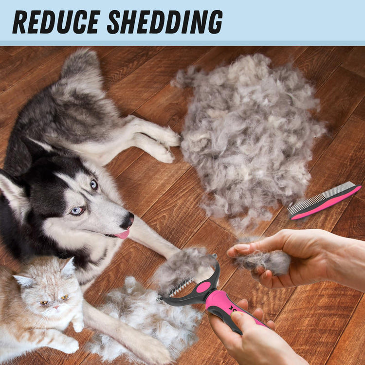 Docrok Pet Grooming Combo - Blue Deshedding Brush with Metal Comb for Detangling and Dematting Long, Matted Fur on Cats and Dogs
