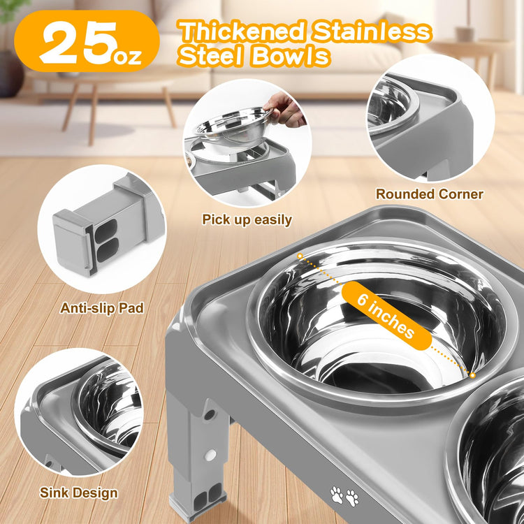 COMESOON Elevated Dog Bowls, 4 Height Adjustable Raised Bowl Stand with 2 Thick 50oz Stainless Steel Food Bowls Non-Slip Feeder Adjusts to 3.7'', 9.2'', 10.75'', 12.36'' Black, (DB-W01)