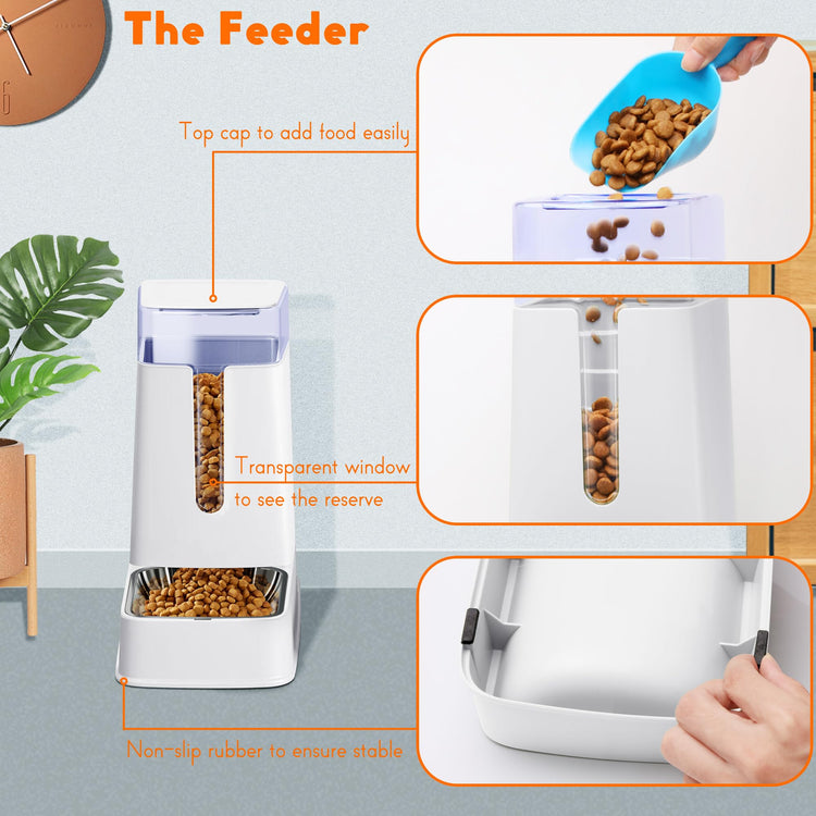 Cat Food Dispenser and Cat Water Dispenser Set with Stainless Steel Bowls Gravity Dog Feeder for Small Medium Big Cat Dog Pet Puppy Kitten, 1 Gallon x 2