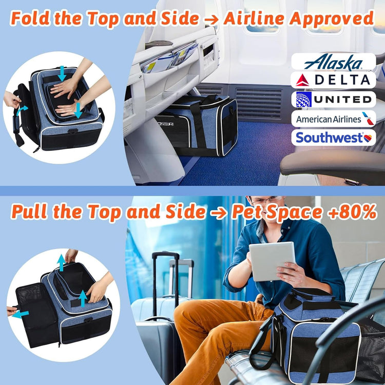 Petskd Top and Side Expandable Pet Carrier 18x11x11 Inches Delta United Airline Approved, Soft-Sided Carrier for Small Cats and Dogs with Locking Safety Zippers and Anti-Scratch Mesh(Black)
