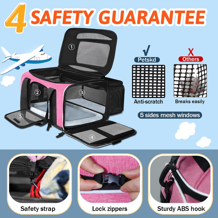 Petskd Top and Side Expandable Pet Carrier 18x11x11 Inches Delta United Airline Approved, Soft-Sided Carrier for Small Cats and Dogs with Locking Safety Zippers and Anti-Scratch Mesh(Black)