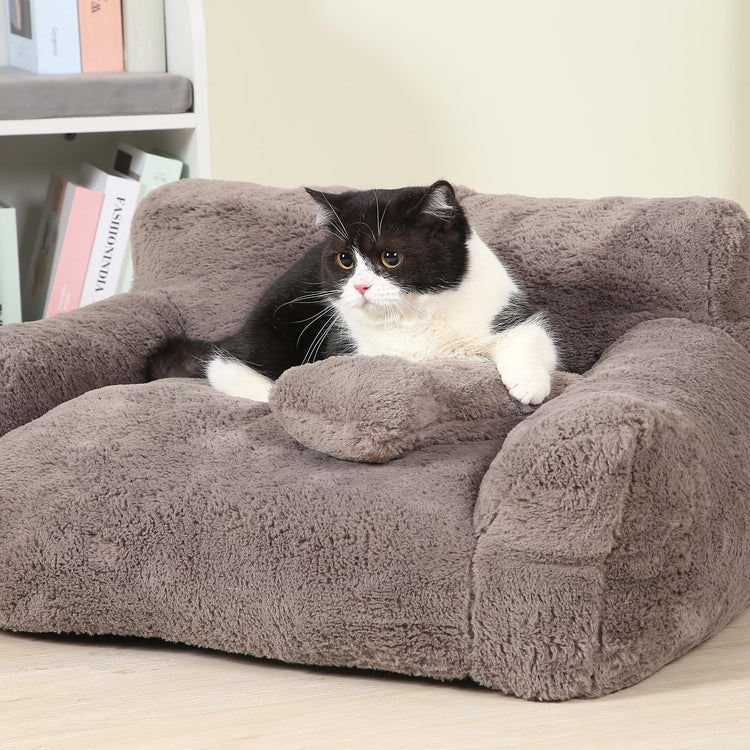 Fluffy Cat Couch for Indoor Cats, Small Dog Bed with Bone Shaped Pillow, Anti-Anxiety Pet Bed with Washable Cover, Brown