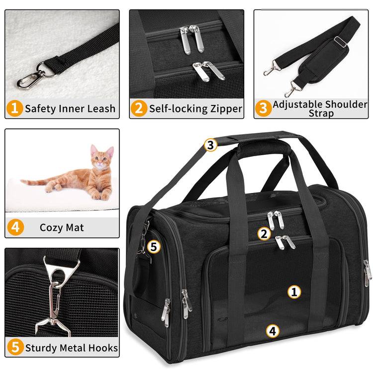 Soft-Sided Cat/Dog/Pet Carrier, Collapsible Pets Travel Carriers for Big Cats/Small Dogs with Shoulder Strap & Removable Mat, Mesh Puppy Carry Bag, Up to 16 Lbs, TSA Airline Approved(Black)