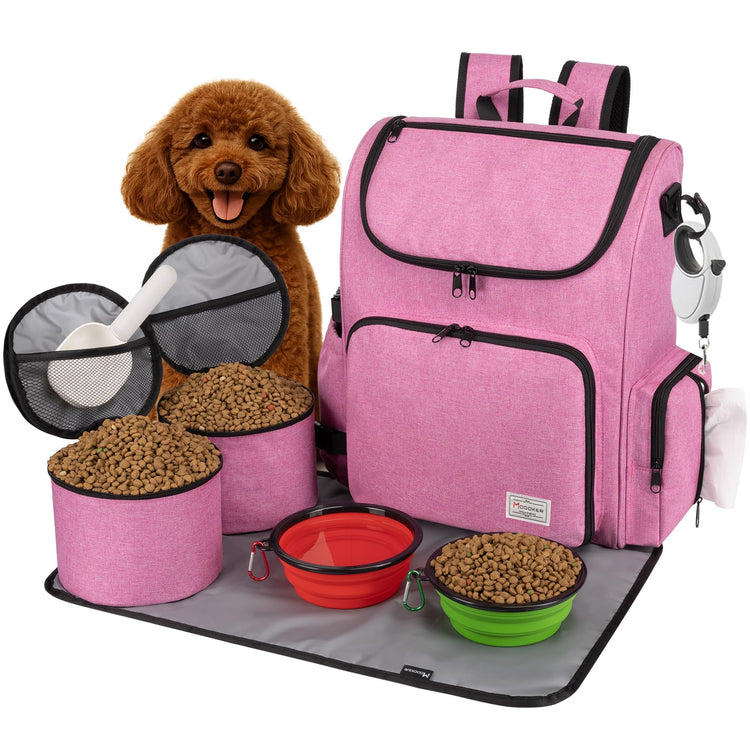 Modoker Dog Travel Bag Backpack, Airline Approved Pet Accessories Organizer for Dog and Cat with Shoulder Strap, 2 Dog Food Storage Containers, 2 Collapsible Dog Bowls,1 Pet Mat, Grey