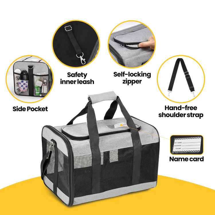 Conlun Cat Carrier Airline Approved, Soft-Sided Dog Carrier with Inner Safety Leash, Pet Transport Carrier for Small-Medium Cats Puppies up to 15 Lbs, Collapsible Travel Kitten Carrier Bag -BlackM