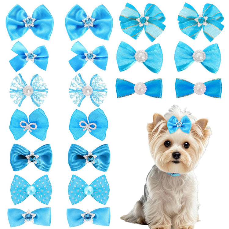 20 PCS Cute Dog Hair Bows with Rubber Bands Elastic Handmade Mix Style Lace Rhinestone Pearls for Furry Puppy Cat Pet Girl, Pink