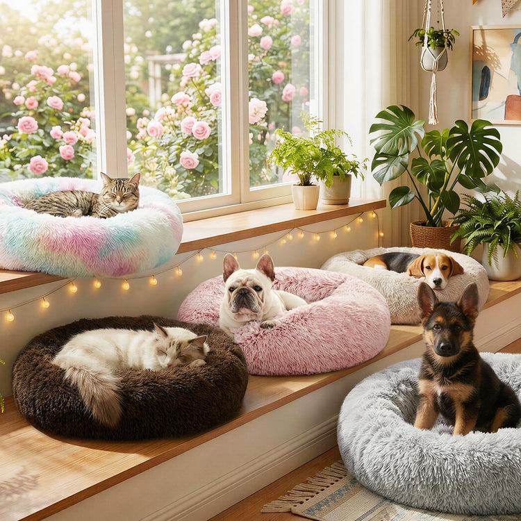 Love's cabin Calming Dog & Cat Bed, Cat Bed for Indoor Cats, Anti-Anxiety Donut Round Bed, Fluffy Warming Pet Bed for Small Medium Dogs and Cats, Beige Taupe 20"/24"