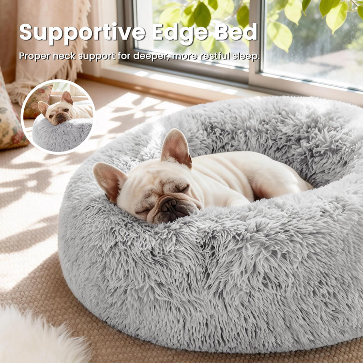 Love's cabin Calming Dog & Cat Bed, Cat Bed for Indoor Cats, Anti-Anxiety Donut Round Bed, Fluffy Warming Pet Bed for Small Medium Dogs and Cats, Beige Taupe 20"/24"