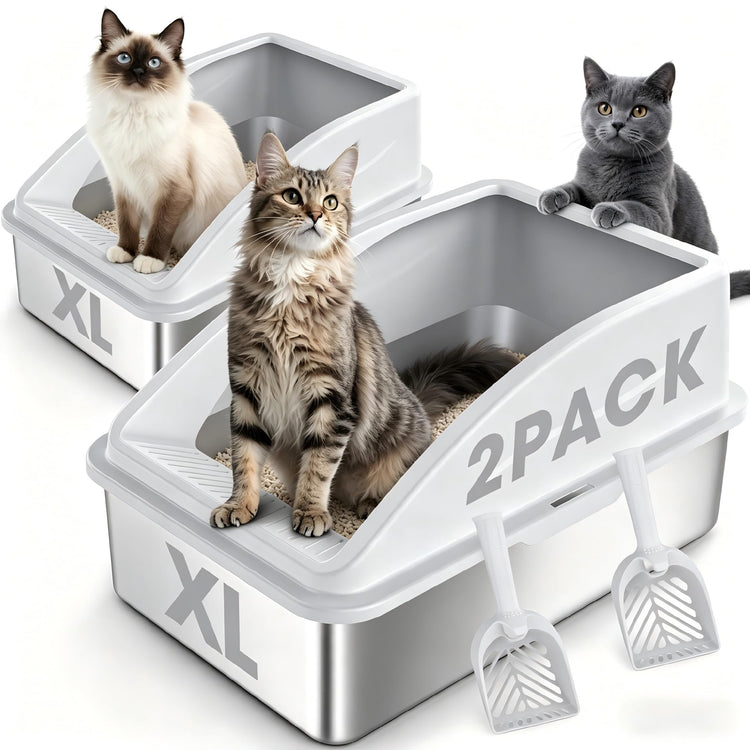 2 Pack Stainless Steel Litter Box for Kitty | Metal Kitty Litter Box with Lid High Sided for Small Cats or Injured Cats, Bunny Litter Boxes, Low Entry, Odor-Free, Non-Stick,Includes Scoop