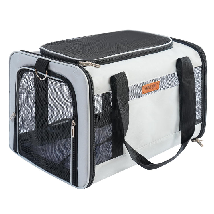 YUNIQUE Soft-Sided Cat & Dog Carrier for Pets Up to 15 Lbs, Airline Approved Collapsible Travel Puppy Carrier with Lightweight Fabric Design (Grey)