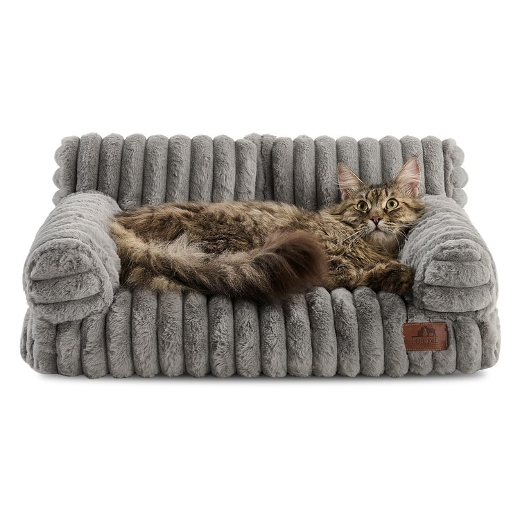 Hollypet Fluffy Dog Cat Bed Pet Couch Beds Plush Soft Warming Machine Washable Puppy Bed with Non-Slip Bottom for Cats and Small Medium Dogs up to 25 lbs, Gray, 24" L x 18" W x 10" Th