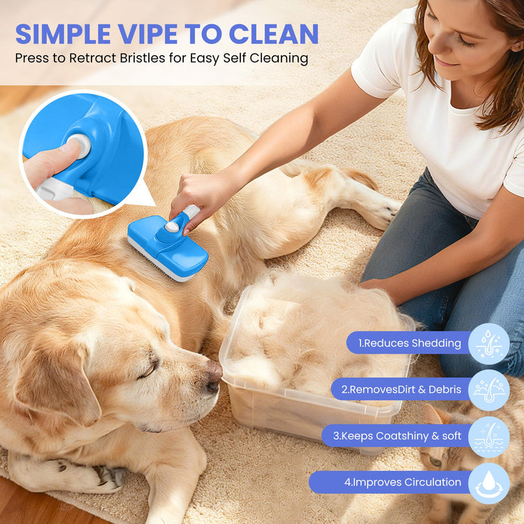Self Cleaning Shedding Brush - 5-in-1 Professional Pet Grooming Kit Skin Friendly Grooming Tool for Dogs, Cats, and Puppies, Deshedding and Hair Removal for Long and Short Haired Pets, Blue