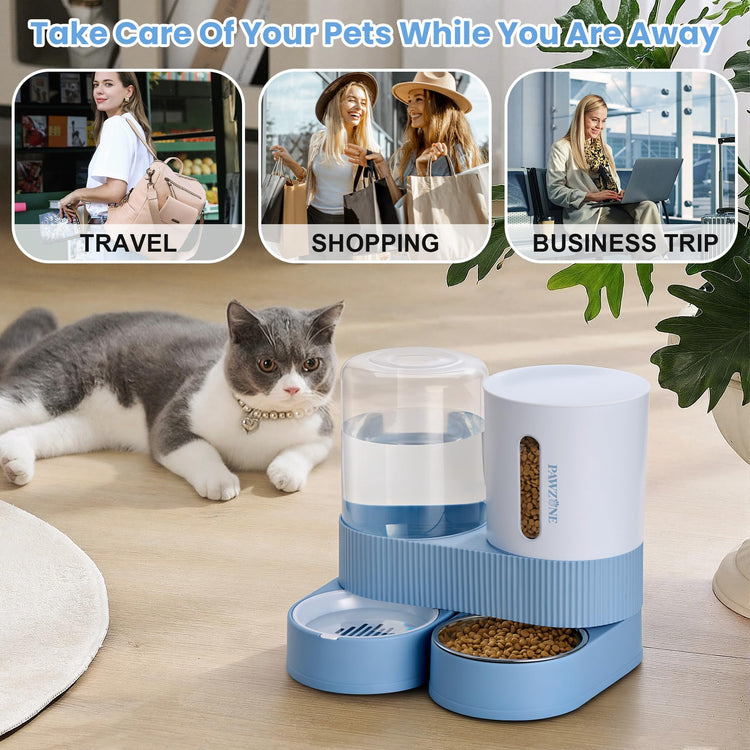 2 Pack Automatic Cat Feeder Stainless Steel Water Dispenser Gravity Food Feeder and Waterer Set with Pet Food Bowl for Small Medium Kitten Puppy Pets Large Capacity(Grey)