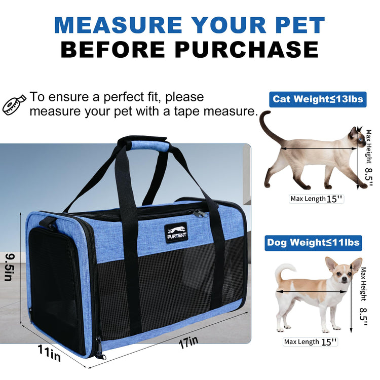 Pet Carrier Airline Approved, Soft Sided Cat Carrier for Small Pets up to 13 lbs, TSA Approved Dog Travel Bag with Foldable Bowl, Portable Soft Sided Pet Carrier for Kittens and Puppies