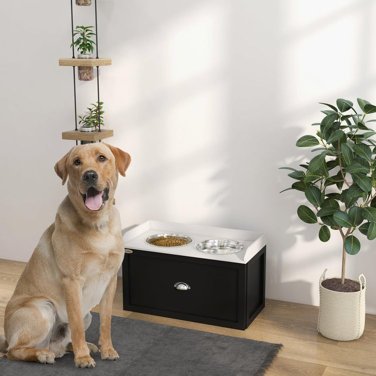 PawHut Dog Feeding Station with Storage Drawer, Dog Food Storage Cabinet with 2 Removable Elevated Pet Bowls for Large Sized Dogs, Coffee