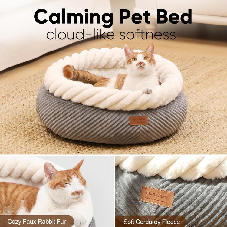 FUKUMARU Cat Bed, Calming Donut Dog Beds, Plush Faux Fur&Corduroy Kitten Beds, Cute Round Washable Pet Bed for Large Cats and Puppy, Cat Cave with Anti-Slip Bottom, 21inch, Camel