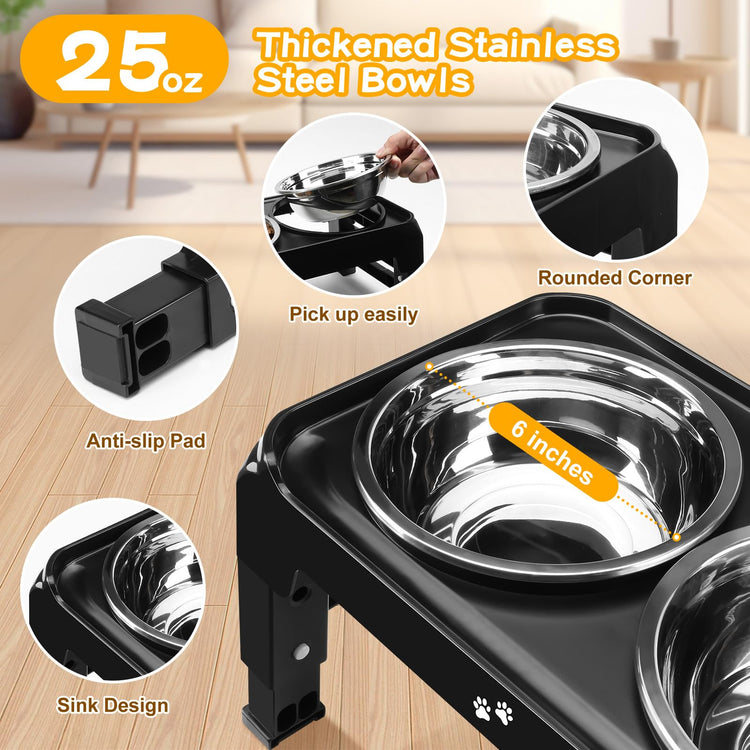 COMESOON Elevated Dog Bowls, 4 Height Adjustable Raised Bowl Stand with 2 Thick 50oz Stainless Steel Food Bowls Non-Slip Feeder Adjusts to 3.7'', 9.2'', 10.75'', 12.36'' Black, (DB-W01)