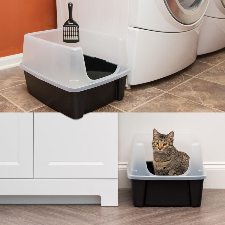 IRIS USA Cat Litter Box Large Open Top with High Sided Walls Tall Scatter Shield Scoop Included Easy Clean Plastic Pan Stain Resistant for Big Cats Kittens Indoor Multi-Cat Households