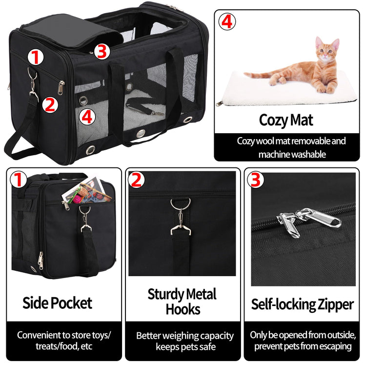 Soft Sided Cat/Dog Carrier,Collapsible Pets Travel Carriers for Pet/Puppy with Shoulder Strap & Removable Mat,Mesh Top Load Small Dogs/Cats Carry Bag Up to 17 Lbs TSA Airline Approved（Black,M）