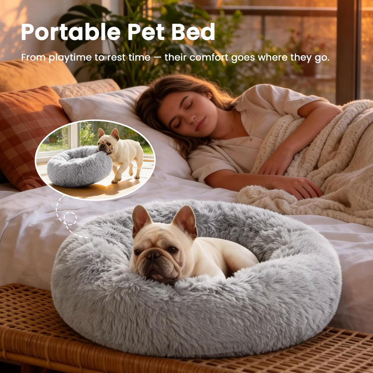 Love's cabin Calming Dog & Cat Bed, Cat Bed for Indoor Cats, Anti-Anxiety Donut Round Bed, Fluffy Warming Pet Bed for Small Medium Dogs and Cats, Beige Taupe 20"/24"