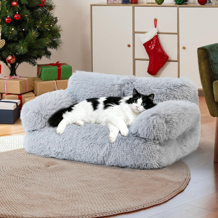 Large Cat Beds for Indoor Cats, Dog Couch Bed, Cute Cat Couch Sofas for Less 20lbs Kitten Puppy, Small Dog Sofas & Chairs with Removable Washable Cover, Soft Warm Pet Furniture, Cream