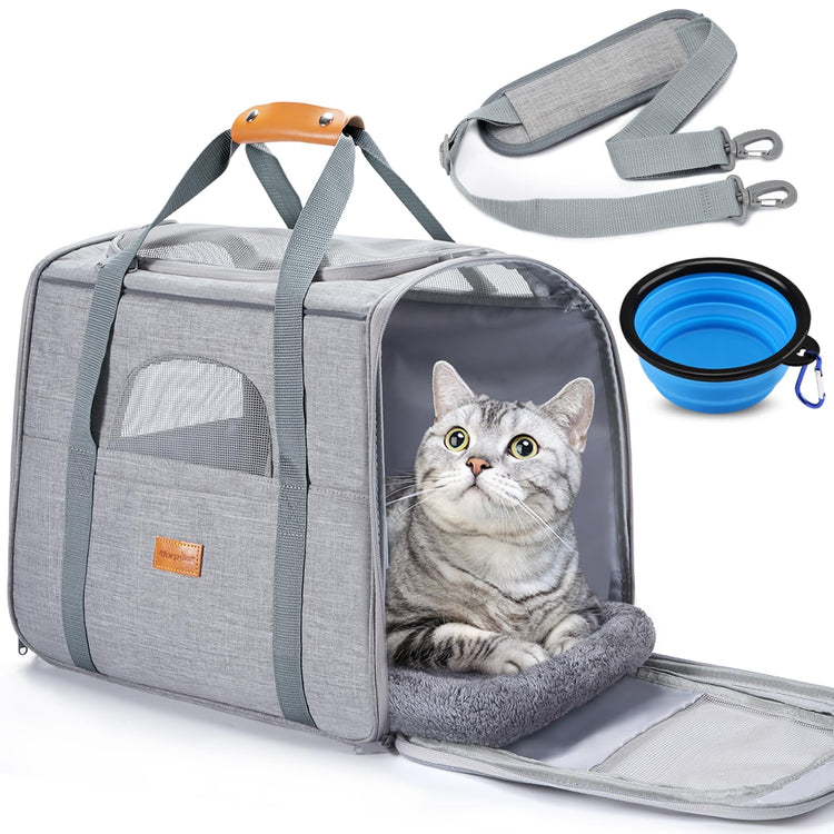 Morpilot Pet Carrier for Large Cats, Puppies & Small Dogs Up to 25lbs, Escape-Proof with Locking Zippers, Dual-Sided Cushion, Safety Buckle for Car & Vet Travel, Includes Foldable Bowl (Dark Gray)