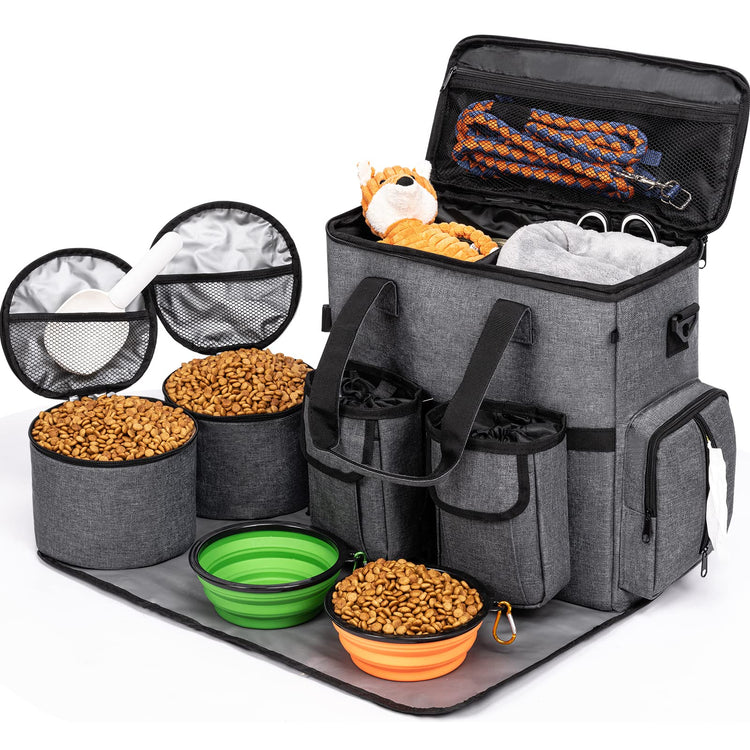 Modoker Dog Travel Bag Backpack, Airline Approved Pet Accessories Organizer for Dog and Cat with Shoulder Strap, 2 Dog Food Storage Containers, 2 Collapsible Dog Bowls,1 Pet Mat, Grey