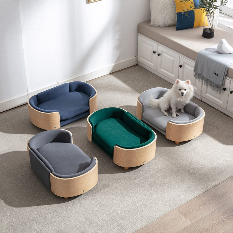 Elevated Dog Bed Pet Sofa with Solid Wood Legs and Bent Soft Backrest, Pet Cat Stool Bed with Velvet Cushion,for Small and Medium Size Dogs Kitten, Dark Gray, Small Size