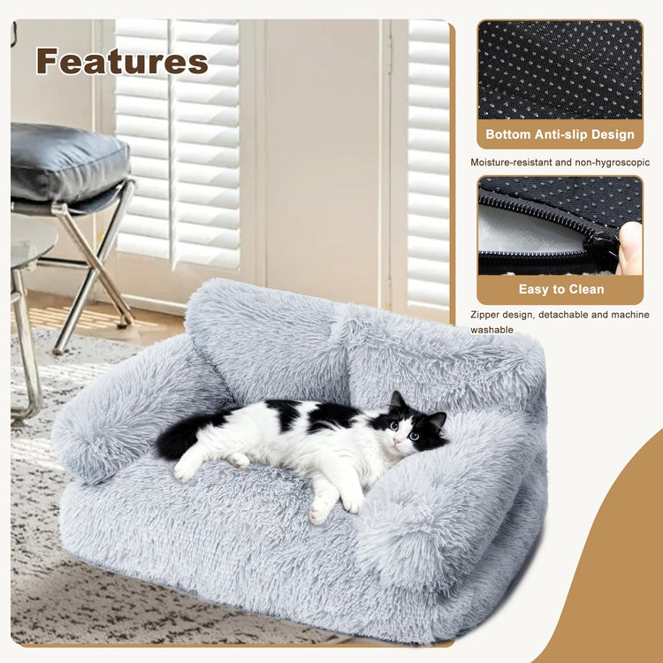 Large Cat Beds for Indoor Cats, Dog Couch Bed, Cute Cat Couch Sofas for Less 20lbs Kitten Puppy, Small Dog Sofas & Chairs with Removable Washable Cover, Soft Warm Pet Furniture, Cream