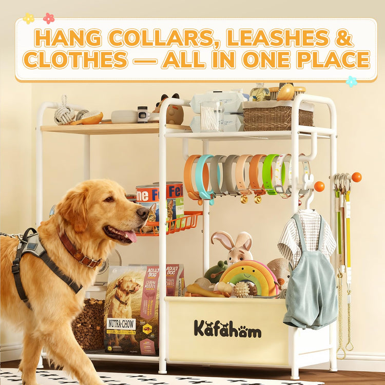 KAFAHOM Dog Toy Basket with Collar Leash Holder Hooks, Large Pet Bin, Dog Toy Box for Living Room Area, Cat Stuff Storage Organizer with Cabinet and Can Dispenser, Great Gifts for Pet Lovers