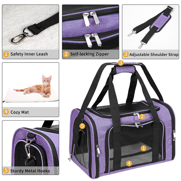 Soft-Sided Cat/Dog/Pet Carrier, Collapsible Pets Travel Carriers for Big Cats/Small Dogs with Shoulder Strap & Removable Mat, Mesh Puppy Carry Bag, Up to 16 Lbs, TSA Airline Approved(Black)