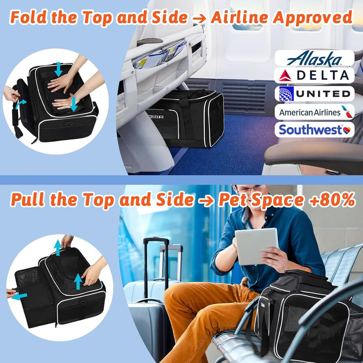 Petskd Top and Side Expandable Pet Carrier 18x11x11 Inches Delta United Airline Approved, Soft-Sided Carrier for Small Cats and Dogs with Locking Safety Zippers and Anti-Scratch Mesh(Black)