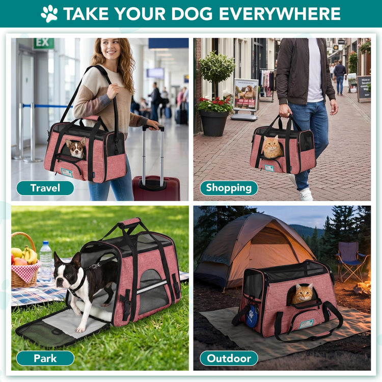 PetAmi Airline Approved Pet Carrier for Cats & Small Dogs, Soft Sided TSA Travel Carrier Bag with Sherpa Bed, Breathable Mesh Ventilation, Collapsible Bowl, Fits Under Seat, Up to 18 lbs, Small Pink