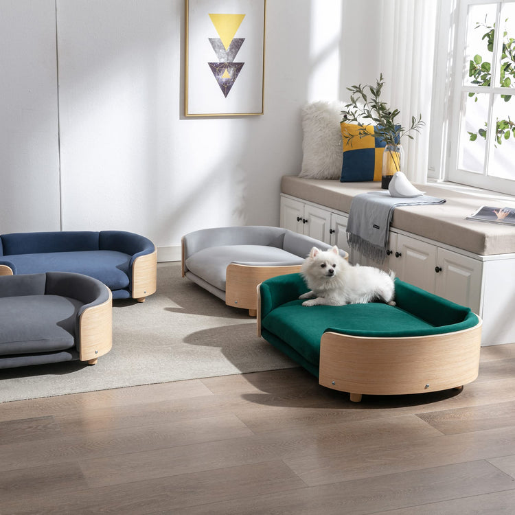 Elevated Dog Bed Pet Sofa with Solid Wood Legs and Bent Soft Backrest, Pet Cat Stool Bed with Velvet Cushion,for Small and Medium Size Dogs Kitten, Dark Gray, Small Size