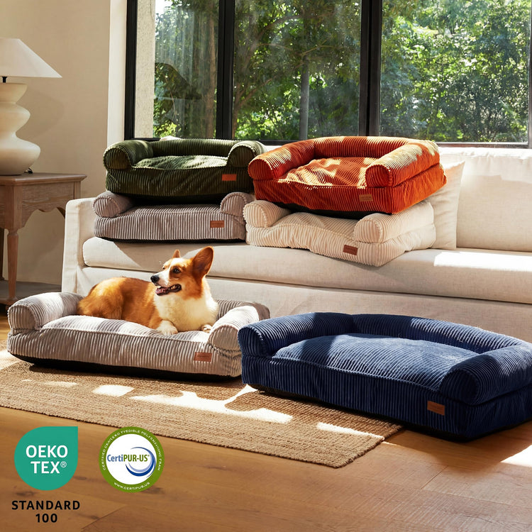 FUKUMARU Dog Couch Bed, Corduroy Cozy Cat Bed for Indoor Cats with Washable Cover, 28in Waterproof Orthopedic Dog Beds Sofa for Small Dogs and Large Cats, Cute Warm Cotton Pet Sofa, Green