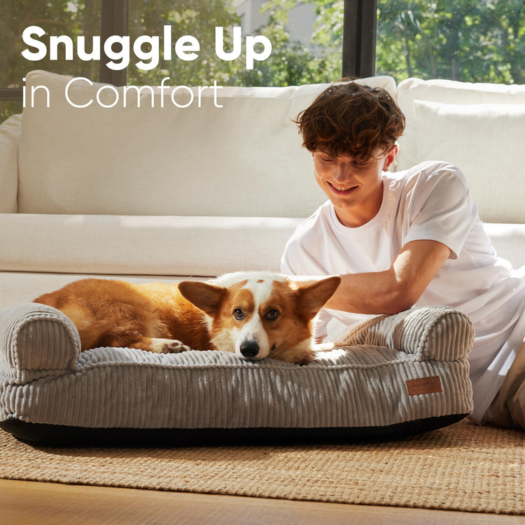 FUKUMARU Dog Couch Bed, Corduroy Cozy Cat Bed for Indoor Cats with Washable Cover, 28in Waterproof Orthopedic Dog Beds Sofa for Small Dogs and Large Cats, Cute Warm Cotton Pet Sofa, Green