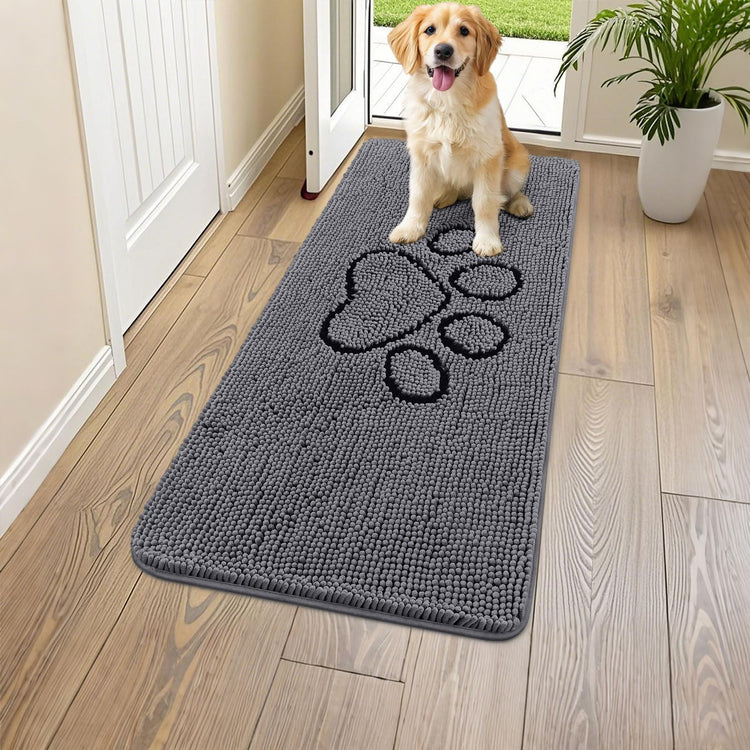 Smiry Dog Door Mat for Muddy Paws, Absorbent Dirt Trapper Non Slip Quick Dry Washable Chenille Mat for Mud Dogs, Entry Rug for Indoor and Outdoor (30x20 Inches, Grey and Black)
