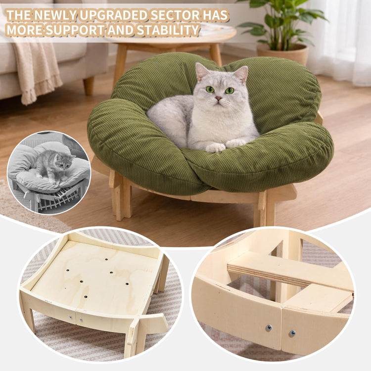 Elevated Wooden Cat Bed with Fluffy Removable Cushion, Modern Petal Shaped Cat Couch Sofa for Indoor Cats Small Dogs 40lbs Capacity Easy to Assemble (White)